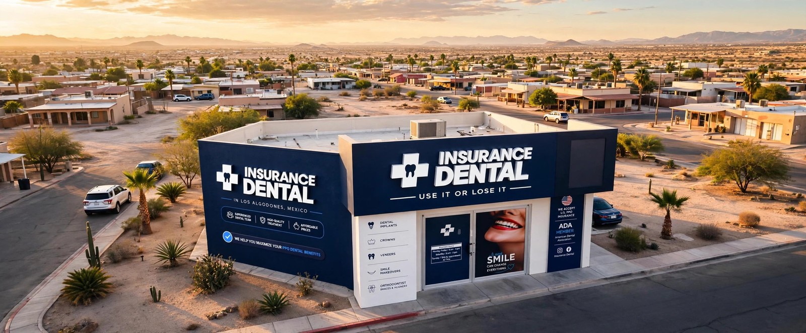 Insurance Dental clinic on Calz. Saratoga, Los Algodones, at golden hour